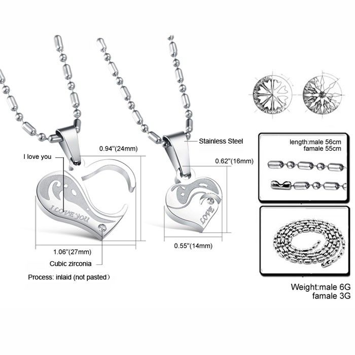 Collier D'amant En Acier Inoxydable En Forme De Cœur Romantique (prix Pour Une Paire)