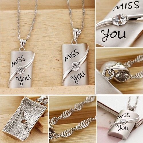 Miss You Rectangle En Argent Sterling 925 Plaqué Or 18 Carats Collier D'amant (prix Pour Une Paire)