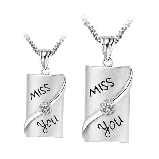 Miss You Rectangle En Argent Sterling 925 Plaqué Or 18 Carats Collier D'amant (prix Pour Une Paire)