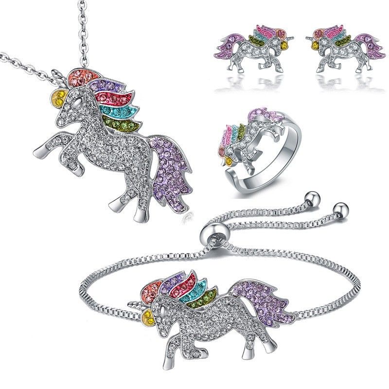 2019 Mode Dessin Animé Mignon Licorne Saint Valentin Anneaux Colliers Boucles D'oreilles Bracelets