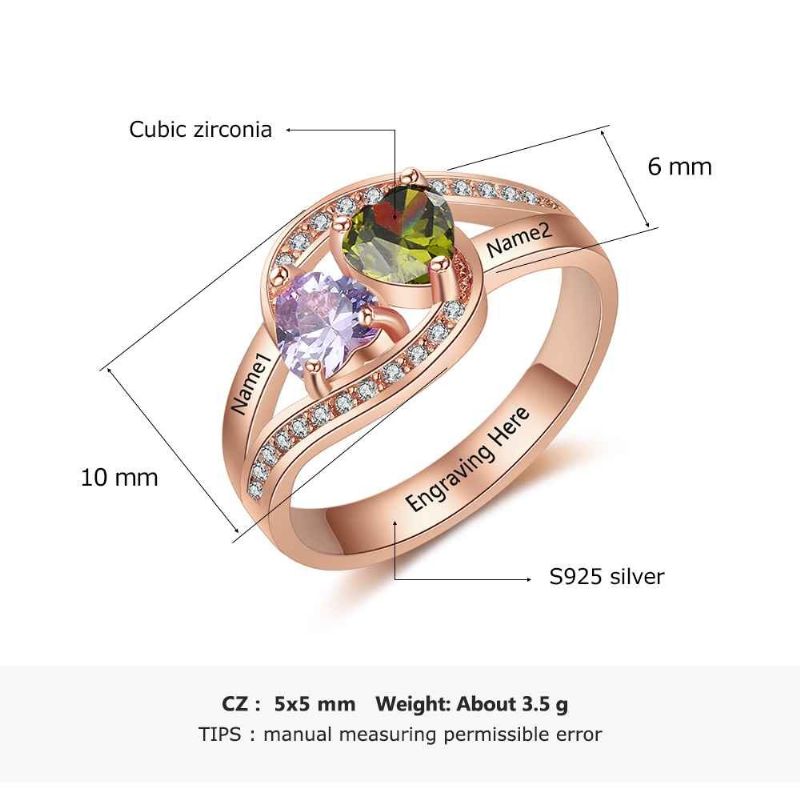 Anneaux De Pierre De Naissance En Or Rose Anneaux De Mères En Argent Sterling 925 Personnalisé Pierre De Naissance Famille Zircon Cubique Bague Cadeau De Fête Des Mères