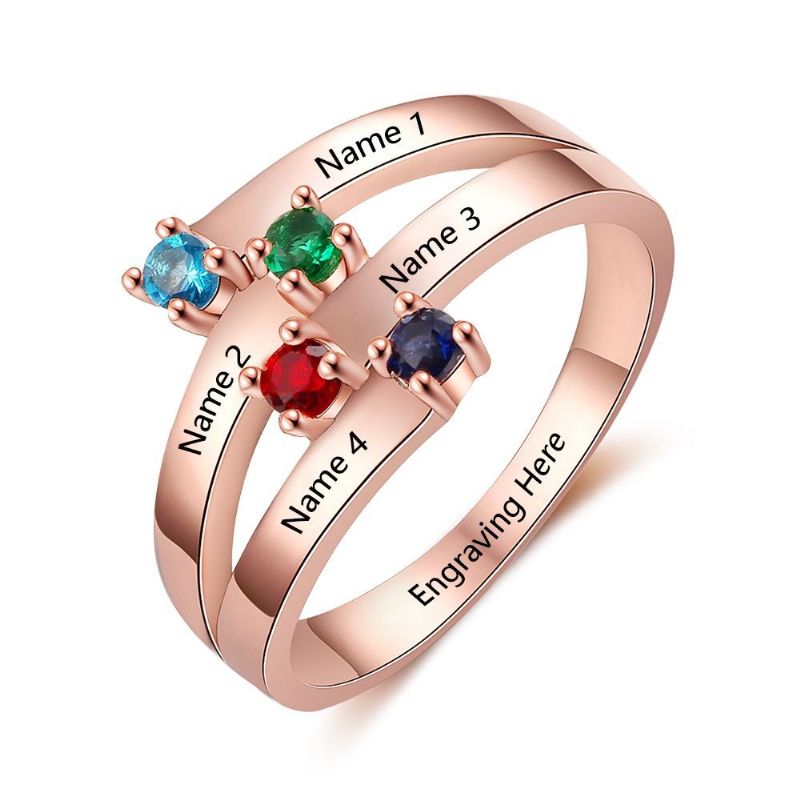 Anneaux De Pierre De Naissance En Or Rose Anneaux De Mères En Argent Sterling 925 Personnalisé Pierre De Naissance Famille Zircon Cubique Bague Cadeau De Fête Des Mères