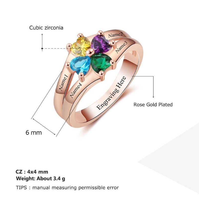 Anneaux De Pierre De Naissance En Or Rose Anneaux De Mères En Argent Sterling 925 Personnalisé Pierre De Naissance Famille Zircon Cubique Bague Cadeau De Fête Des Mères