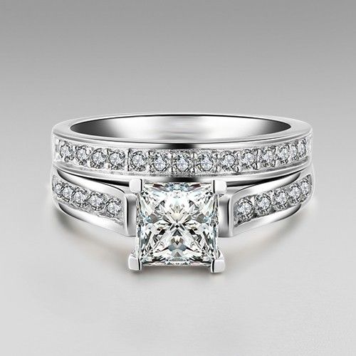 1.0 Ct Brillant Princesse Cut 925 En Argent Sterling Fiançailles / Bague De Mariage Ensemble De Mariée