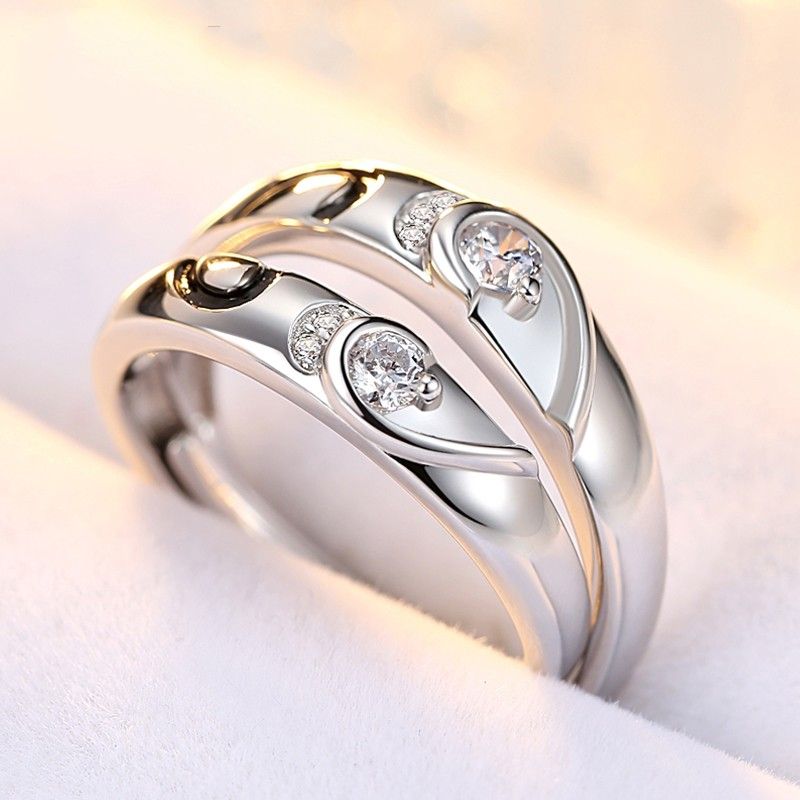 925 Argent Incrusté CZ En Forme De Coeur Bonheur Doux Anneaux De Couple