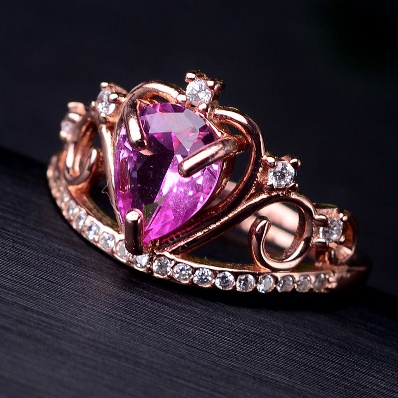 925 Argent Plaqué Or Rose Incrusté De Pierres Précieuses En Forme De Coeur Bague Couronne Mignonne