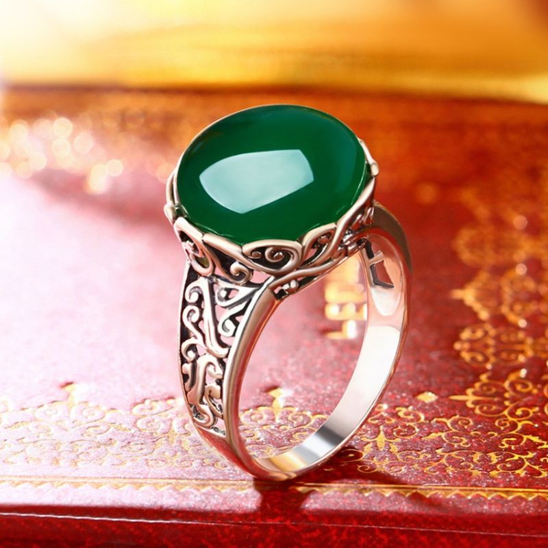 925 Argent Sterling Incrusté De Calcédoine Verte Naturelle Exquise Bague De Bord De Sculpture