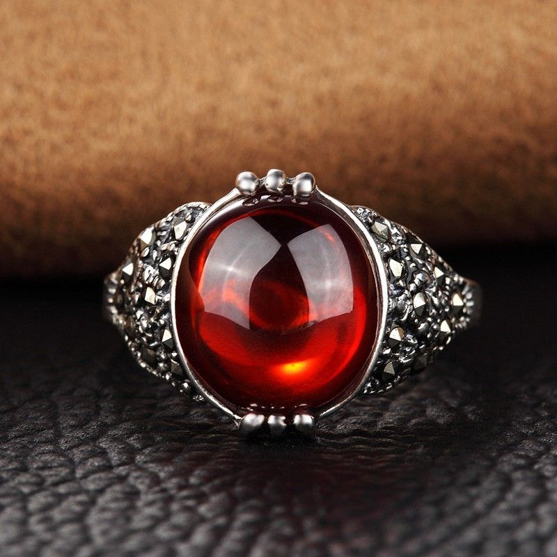 925 Argent Sterling Incrusté De Grenat Rouge Corindon Nouvelle Bague Rétro