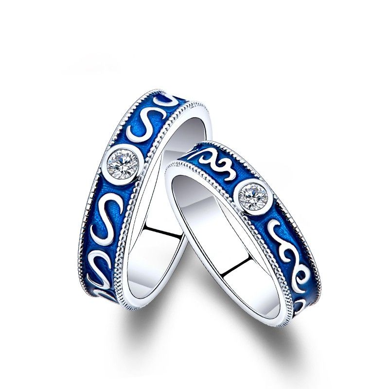 925 Sterling Silver Platinum Plated Vintage Blue Promise Couple Anneaux