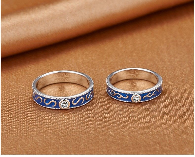 925 Sterling Silver Platinum Plated Vintage Blue Promise Couple Anneaux