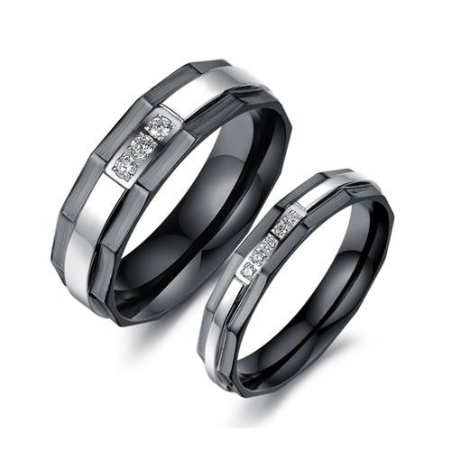 Acier Inoxydable Noir Et Argent Avec Anneaux De Couple En Zircone Cubique