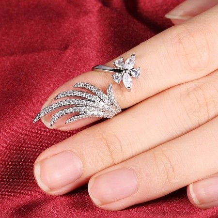 Anneau De Clou D'ouverture Incrusté De Zircon Cubique En Forme De Plume Élégante Pour Les Femmes