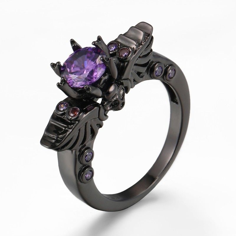 Anneau De Crâne De Zircone Cubique Violet Haut De Gamme Incrusté D'or Noir Dominateur Rétro