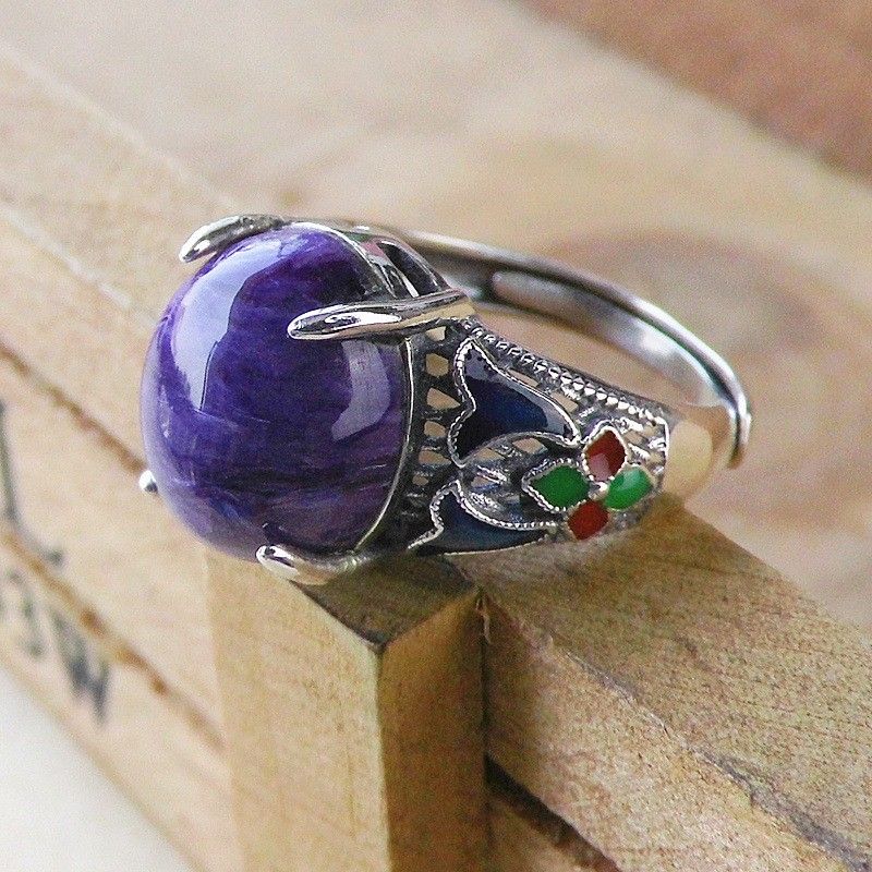 Anneau D'ouverture De Pierres Précieuses Charoite Naturelles Incrustées En Argent Sterling 925 Rétro Cloisonné