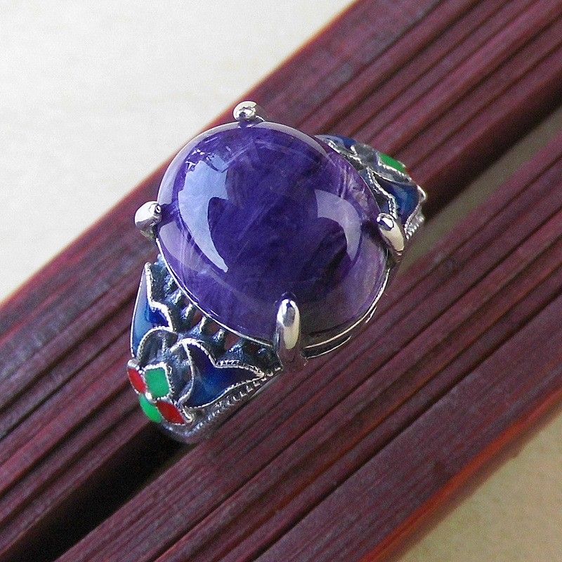 Anneau D'ouverture De Pierres Précieuses Charoite Naturelles Incrustées En Argent Sterling 925 Rétro Cloisonné