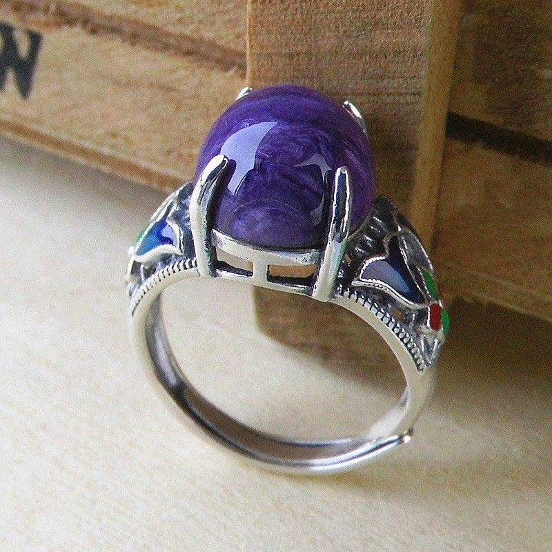 Anneau D'ouverture De Pierres Précieuses Charoite Naturelles Incrustées En Argent Sterling 925 Rétro Cloisonné