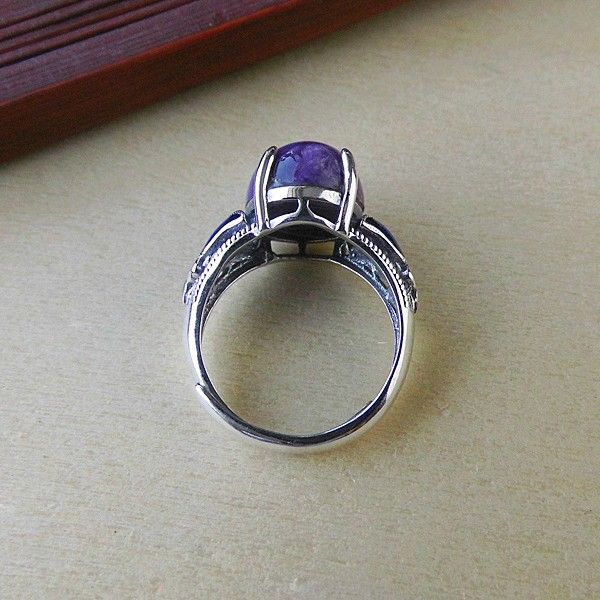 Anneau D'ouverture De Pierres Précieuses Charoite Naturelles Incrustées En Argent Sterling 925 Rétro Cloisonné