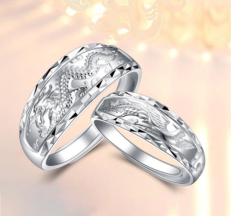 Anneaux Ajustables Pour Couples En Argent Sterling Dragon Et Phoenix