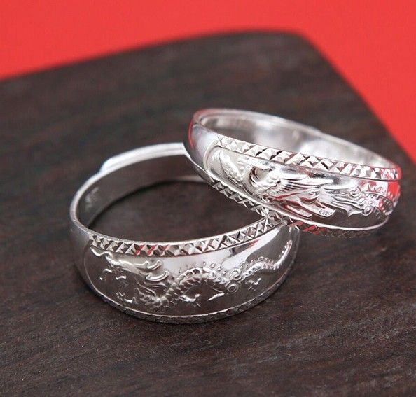 Anneaux Ajustables Pour Couples En Argent Sterling Dragon Et Phoenix