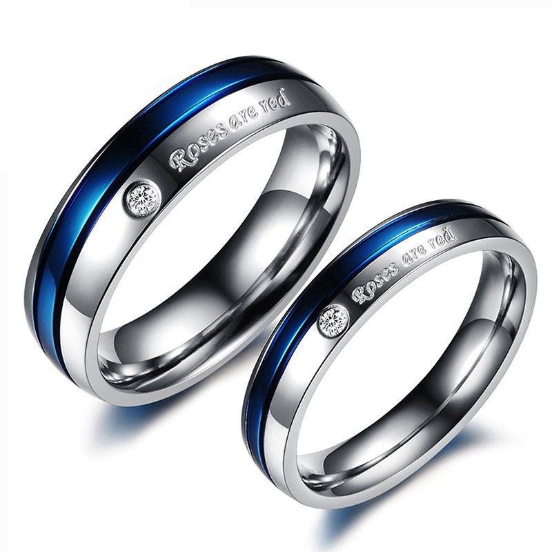 Anneaux De Couple En Acier Titane Diamant Bleu