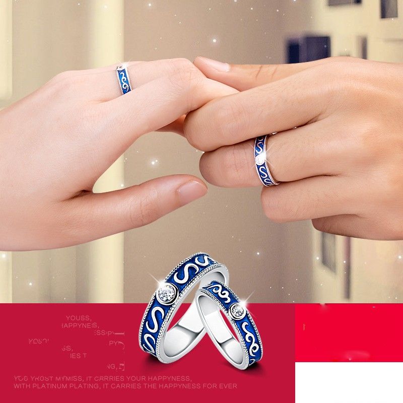 Anneaux De Couple En Argent 925 Bleu Rétro