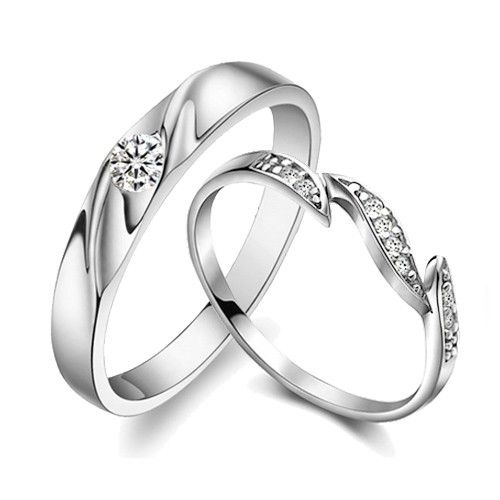 Anneaux De Couple En Argent 925 En Forme De Feuille D'origine Simple Avec Zircone Cubique