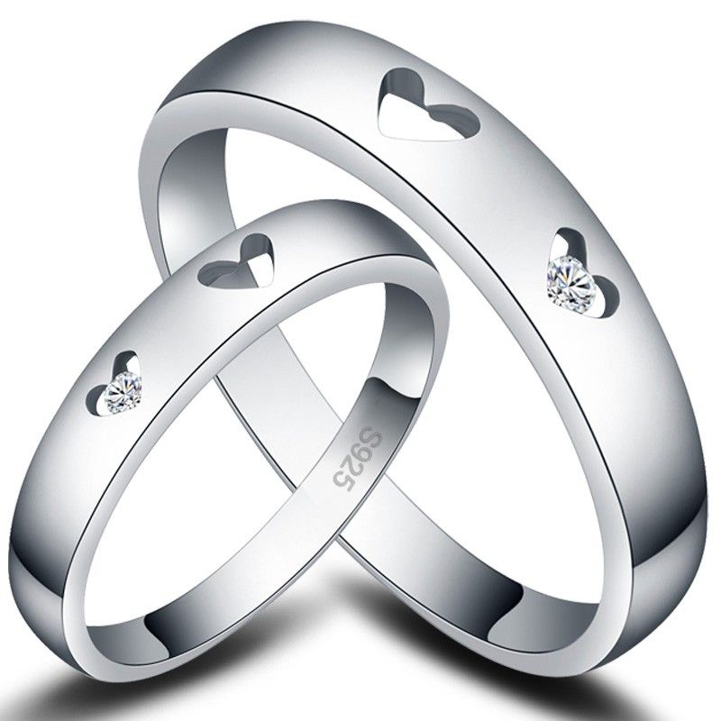 Anneaux De Couple En Argent Sterling 925 Avec Coeur Creux Pour Amoureux Avec Incrustation De CZ (prix Pour Une Paire)