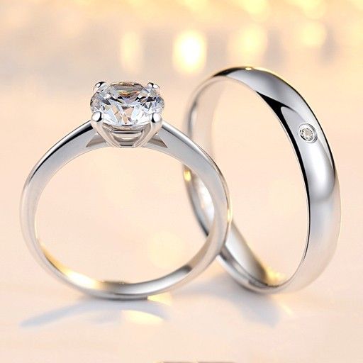 Anneaux De Couple En Zircon Cubique Incrustés En Argent Sterling 925 À La Mode Simple