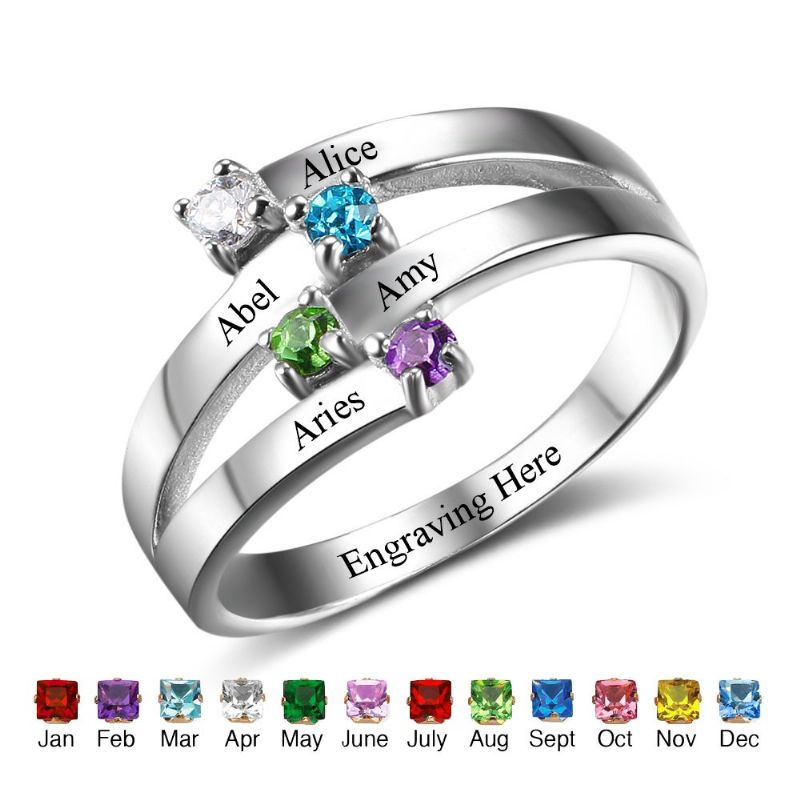 Anneaux De Pierre De Naissance Anneaux De Mères 925 En Argent Sterling Personnalisé Pierre De Naissance Famille Cubique Zircone Bague Cadeau De Fête Des Mères