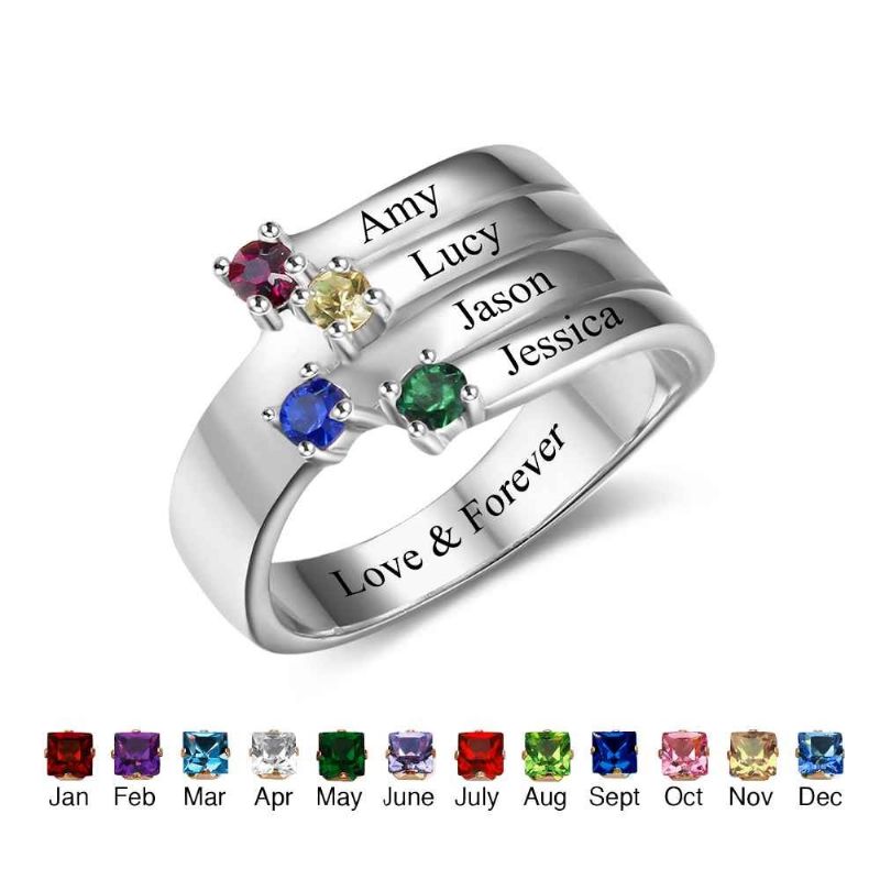 Anneaux De Pierre De Naissance Anneaux De Mères En Argent Sterling 925 Personnalisé Pierre De Naissance Famille Zircon Cubique Bague Cadeau De Fête Des Mères