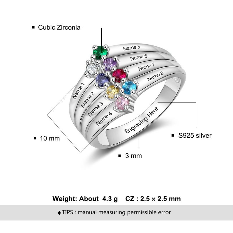 Anneaux De Pierre De Naissance Anneaux De Mères En Argent Sterling 925 Personnalisé De Naissance De Famille De Zircon Cubique Bague Cadeau De Fête Des Mères