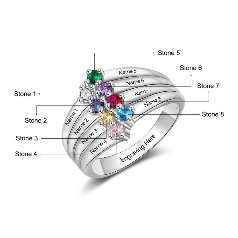 Anneaux De Pierre De Naissance Anneaux De Mères En Argent Sterling 925 Personnalisé De Naissance De Famille De Zircon Cubique Bague Cadeau De Fête Des Mères