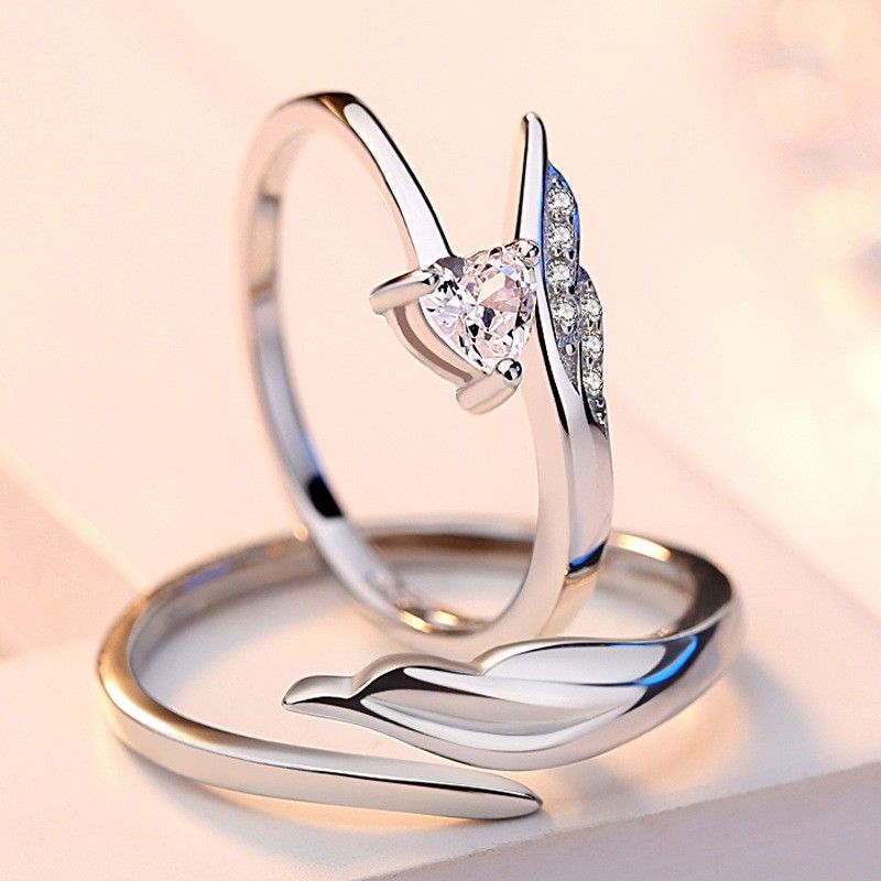 Anneaux De Promesse De Plumes D'ange Pour Couples En Anneaux De Couple Ajustables En Argent Sterling 925