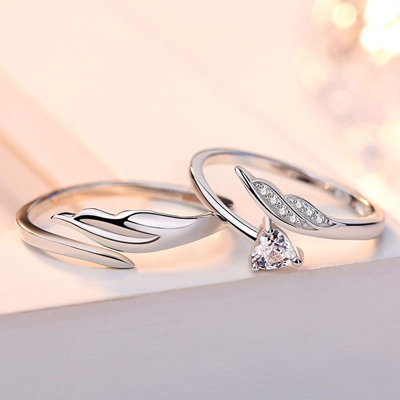 Anneaux De Promesse De Plumes D'ange Pour Couples En Anneaux De Couple Ajustables En Argent Sterling 925