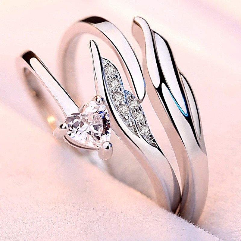 Anneaux De Promesse De Plumes D'ange Pour Couples En Anneaux De Couple Ajustables En Argent Sterling 925