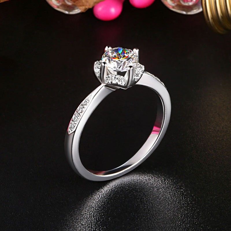 Argent Plaqué Or Avec Bague De Fiançailles De Luxe CZ Taille Ronde