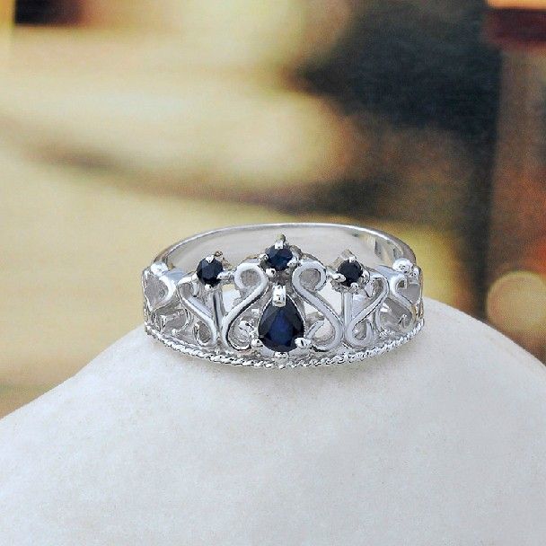 Bague En Argent Sterling 925 Avec Saphir Bleu Naturel De Style Couronne