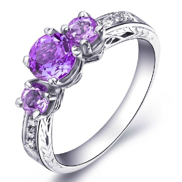 Bague En Argent Sterling 925 Avec Trois Améthystes Naturelles Pour Femmes