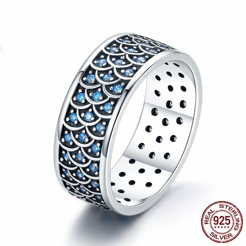 Bague En Argent Sterling 925 Personnalisée Avec Zircon Cubique Bleu Et Charme Large