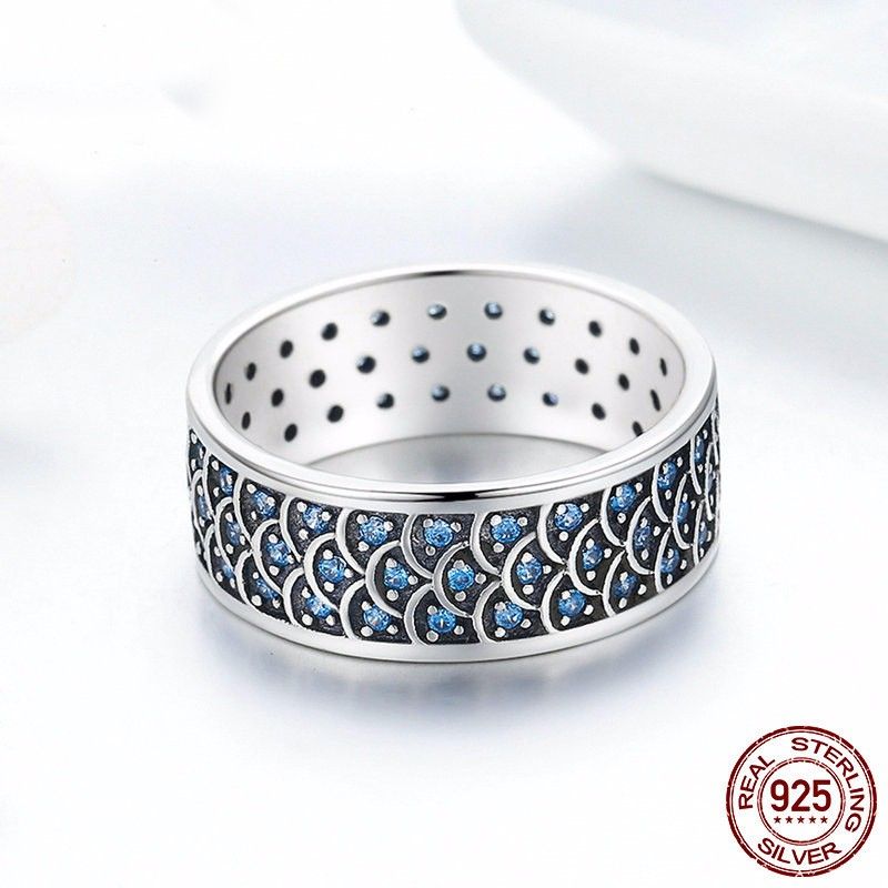 Bague En Argent Sterling 925 Personnalisée Avec Zircon Cubique Bleu Et Charme Large