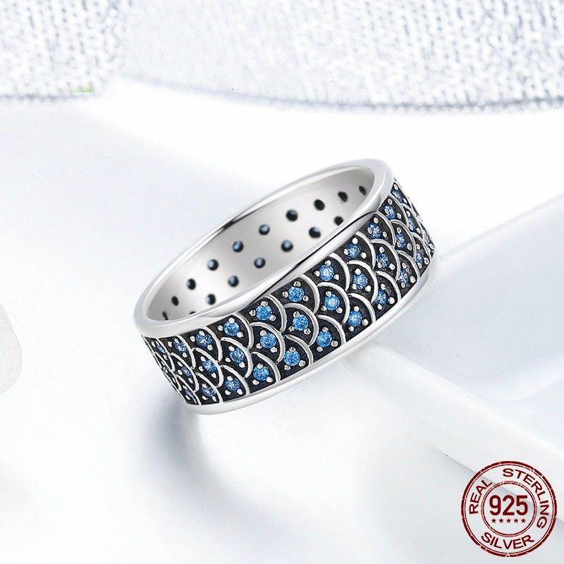 Bague En Argent Sterling 925 Personnalisée Avec Zircon Cubique Bleu Et Charme Large