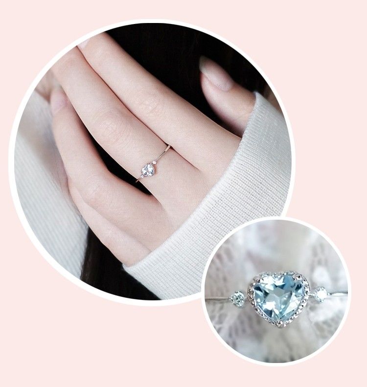 Bague En Argent Sterling 925 Plaqué Or Blanc Avec Coeur En Zircon Bleu