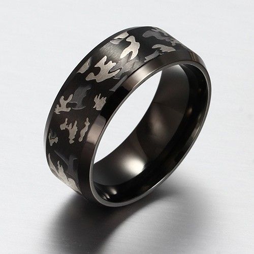 Bague / Bracelet Pour Homme En Acier Titane Camouflage Plaqué Noir À L'intérieur