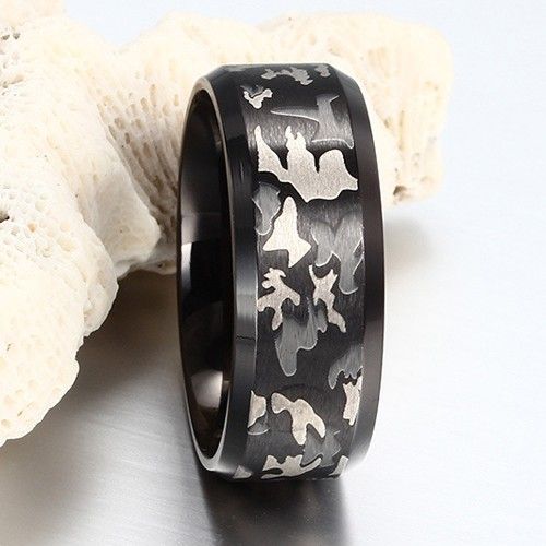 Bague / Bracelet Pour Homme En Acier Titane Camouflage Plaqué Noir À L'intérieur