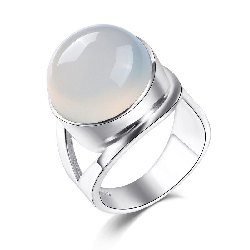 Bague En Calcédoine Blanche Naturelle Incrustée En Argent Sterling 925 À Large Ouverture Simple