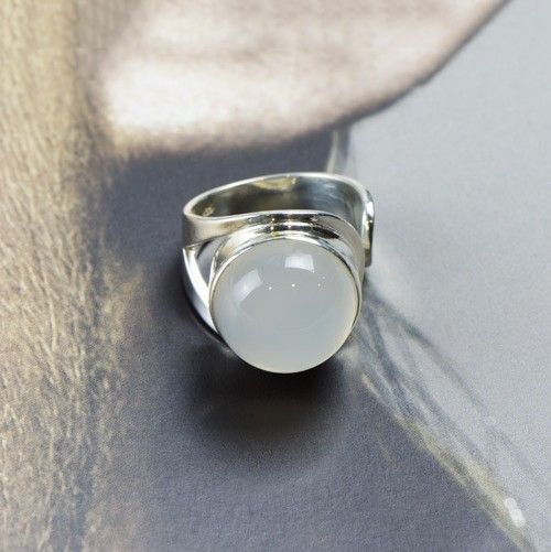 Bague En Calcédoine Blanche Naturelle Incrustée En Argent Sterling 925 À Large Ouverture Simple