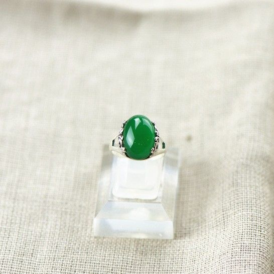 Bague En Calcédoine Verte Naturelle Incrustée En Argent Sterling 925 Avec Bordure Magnifiquement Sculptée