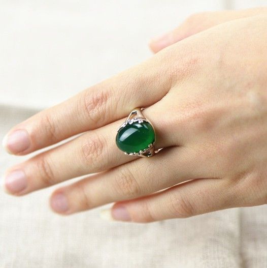 Bague En Calcédoine Verte Naturelle Incrustée En Argent Sterling 925 Avec Bordure Magnifiquement Sculptée