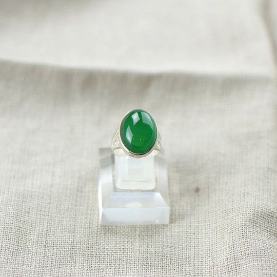 Bague En Calcédoine Verte Naturelle Incrustée En Argent Sterling 925 Rétro De Haute Qualité