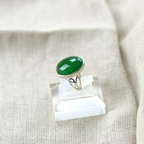 Bague En Calcédoine Verte Naturelle Incrustée En Argent Sterling 925 Rétro De Haute Qualité